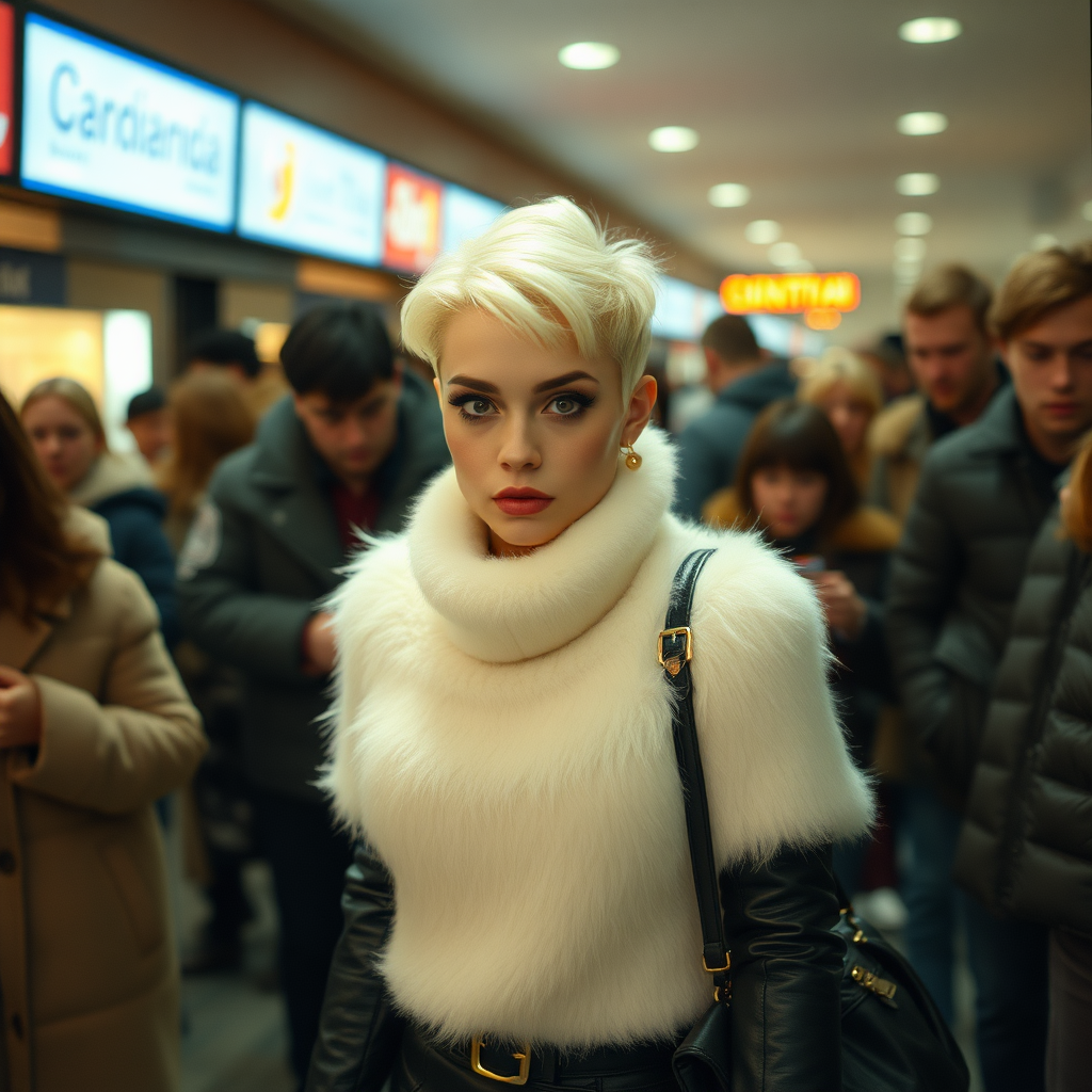 1990 winter evening, crowded cinema lobby: Sam, 19 years old beautiful involuntary femboy, rebellious intractable character, petite boyish figure, platinum blond boyish rebel punk hairstyle, flawless heavily made-up face with sharp arched tattooed eyebrows, wearing Supertanya-style fluffy very fuzzy bright white angora turtleneck-poncho fully covering body and arms, black leather high-heeled thigh-high boots, gold earrings, puzzled alarmed, black leather handbag, pout serious, impatiently waiting for her master. Focus on Sam’s face and turtleneck-poncho.