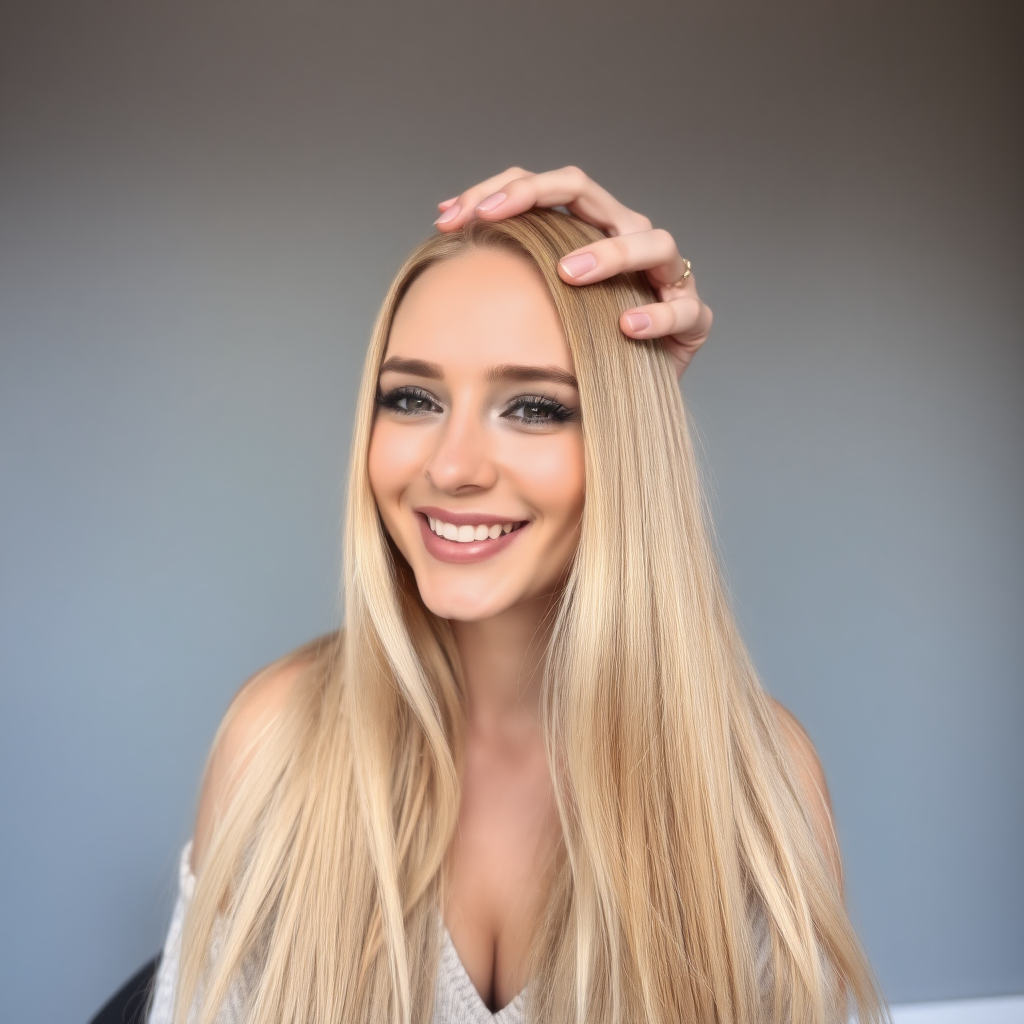 POV, beautiful very long haired blonde woman sitting in a hair salon smiling at the camera while I reach out from behind the camera to massage her scalp. My fingers are digging into her hair rubbing her scalp while her hair is covering my hands. Plain gray background.