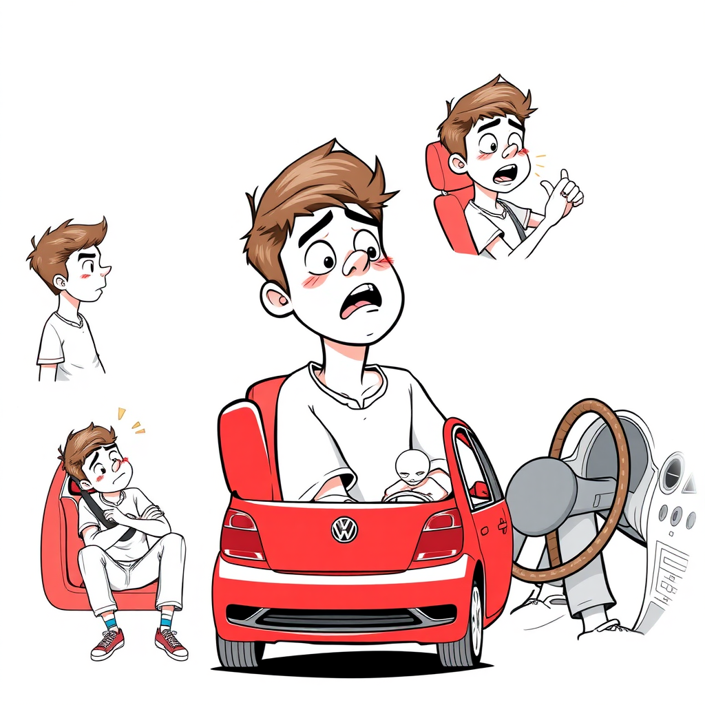 multiple views with progression, character design sheet, short, excited, embarrassed, sweating, 17 year old european boy, detailed features, sitting inside a red VW Polo III long establishing shot, 2D, caricature, cartoon, Sketch lines, coloring book, coloring book style on white background, well composed, clean coloring book page, No dither, no gradient, strong outline, No fill, No solids, vector illustration, side view, vector illustration, empty space around each view, movement lines