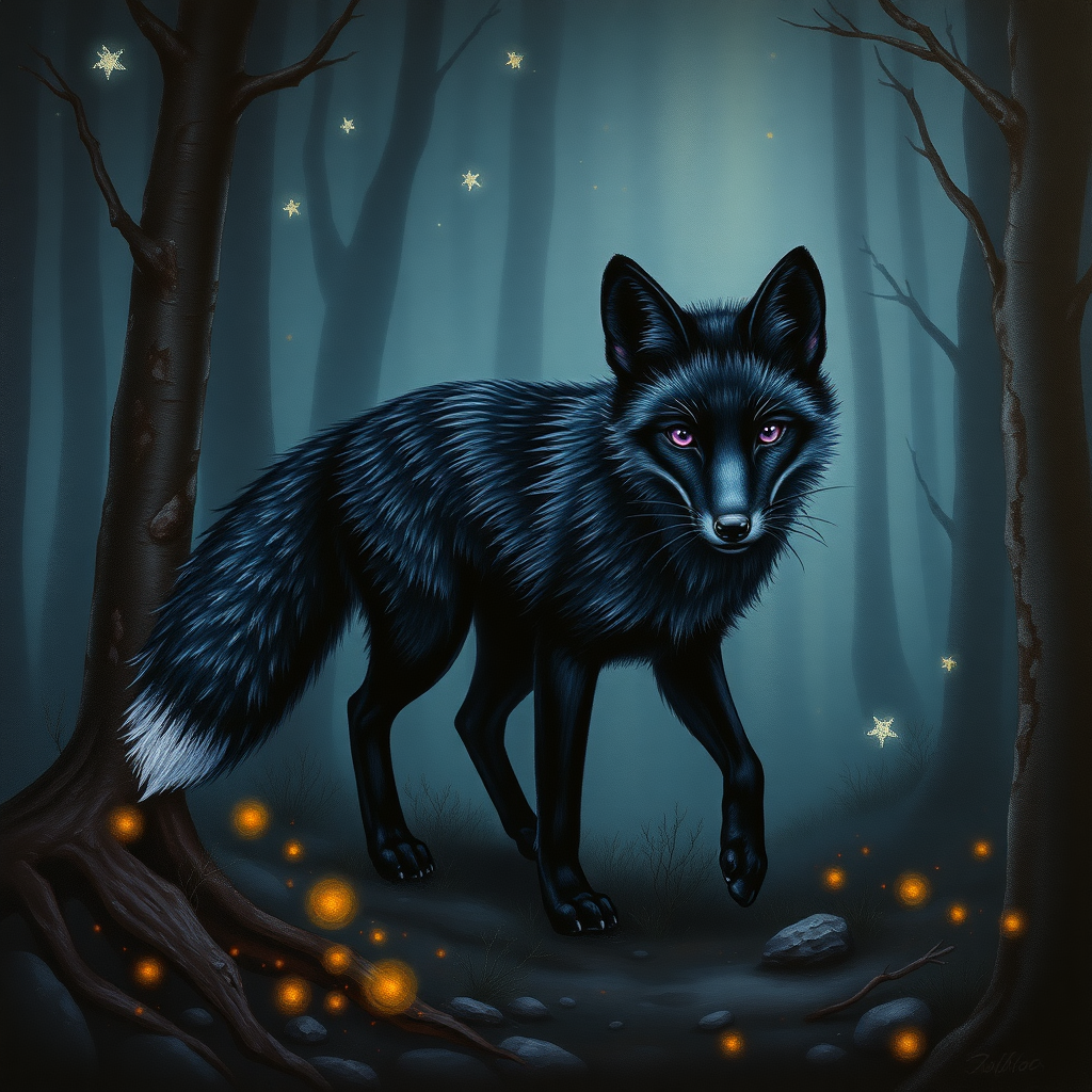 A detailed, intricate and realistic looking oil painting of a black fox with deep purple eyes and tail tip, the fox is walking through a misty dark forest at night with fireflies, stars, trees, fog, and more