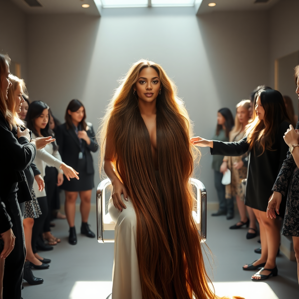 In an elegant, sunlit salon, adorned with soft, minimalistic decor, the stunning Beyoncé sits gracefully in a salon chair, her incredibly long, luxurious hair cascading like a flowing waterfall of silk down her shoulders and past her waist. The gentle glow of overhead lights highlights the rich, deep hues of her hair, each strand reflecting the brilliance of the space around her.

As an interactive long hair fetish performance art exhibit unfolds, curious visitors gather around, their eyes alight with fascination and excitement. Some eagerly reach out, gently grasping her hair between their fingers, feeling the smooth texture slip through their hands, while others playfully tug at it, testing the boundaries of their interactions. Each movement is accompanied by a symphony of soft gasps and murmurs of appreciation, enhancing the atmosphere of intimacy and connection.

The background is a simple, unobtrusive gray, allowing the artistry of the moment to take center stage. The air is charged with a sense of wonder and exploration, as visitors not only admire Beyoncé's hair but also engage in this tactile experience, deepening their understanding of the artistry behind her presence. Her expression is a mixture of serenity and playful engagement and submission, reflecting her comfort and trust in this unique performance, ultimately creating a captivating scene where art and audience intertwine seamlessly.