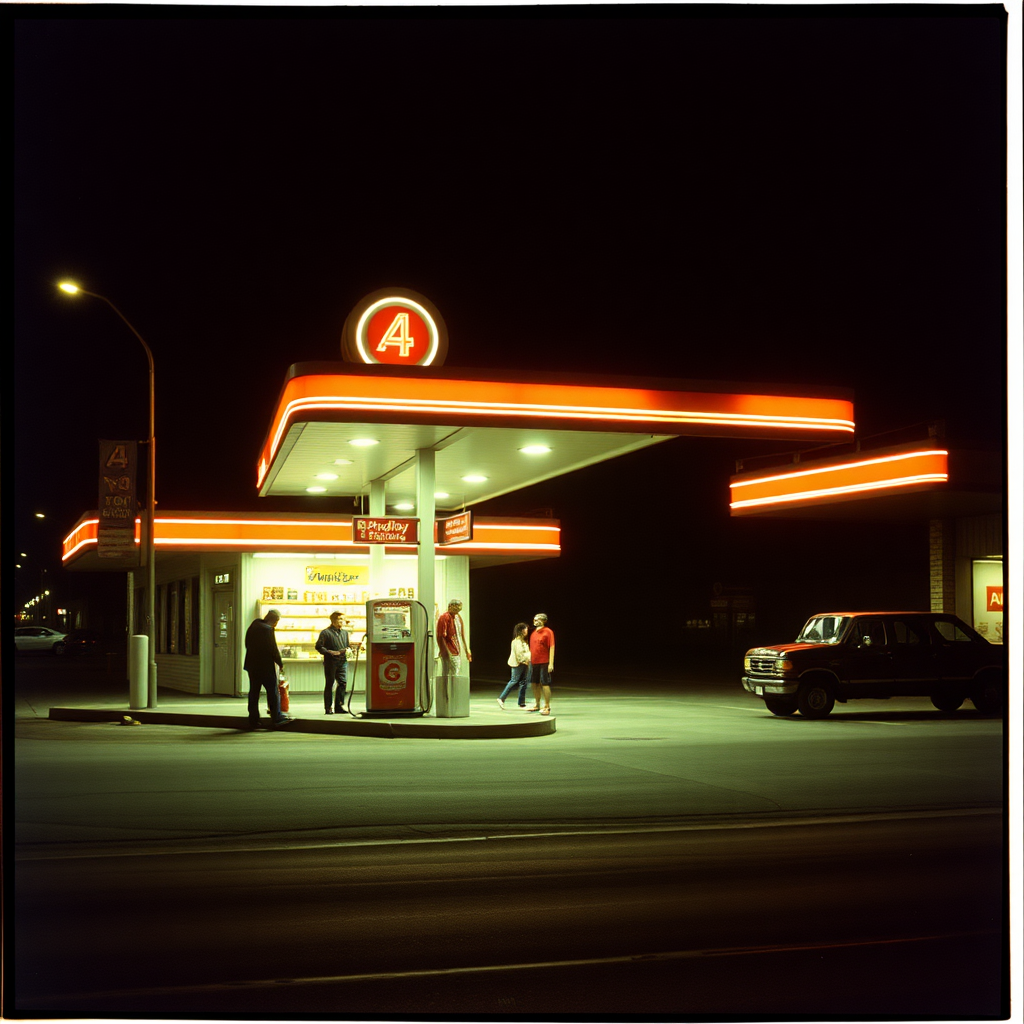 highly detailed Kodachrome color real photograph from 1974 of And the lamb lies down on Broadway Nighttime's flyers feel their pains  
Drugstore takes down the chains  
Metal motion comes in bursts  
But the gas station can quench that thirst  
Suspension cracked on unmade road