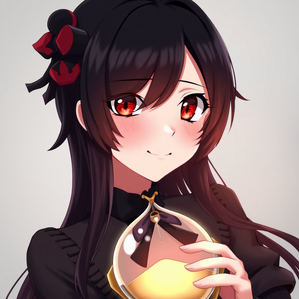 An anime girl with black hair and red eyes is wearing an hourglass. She has a smile like a villain.