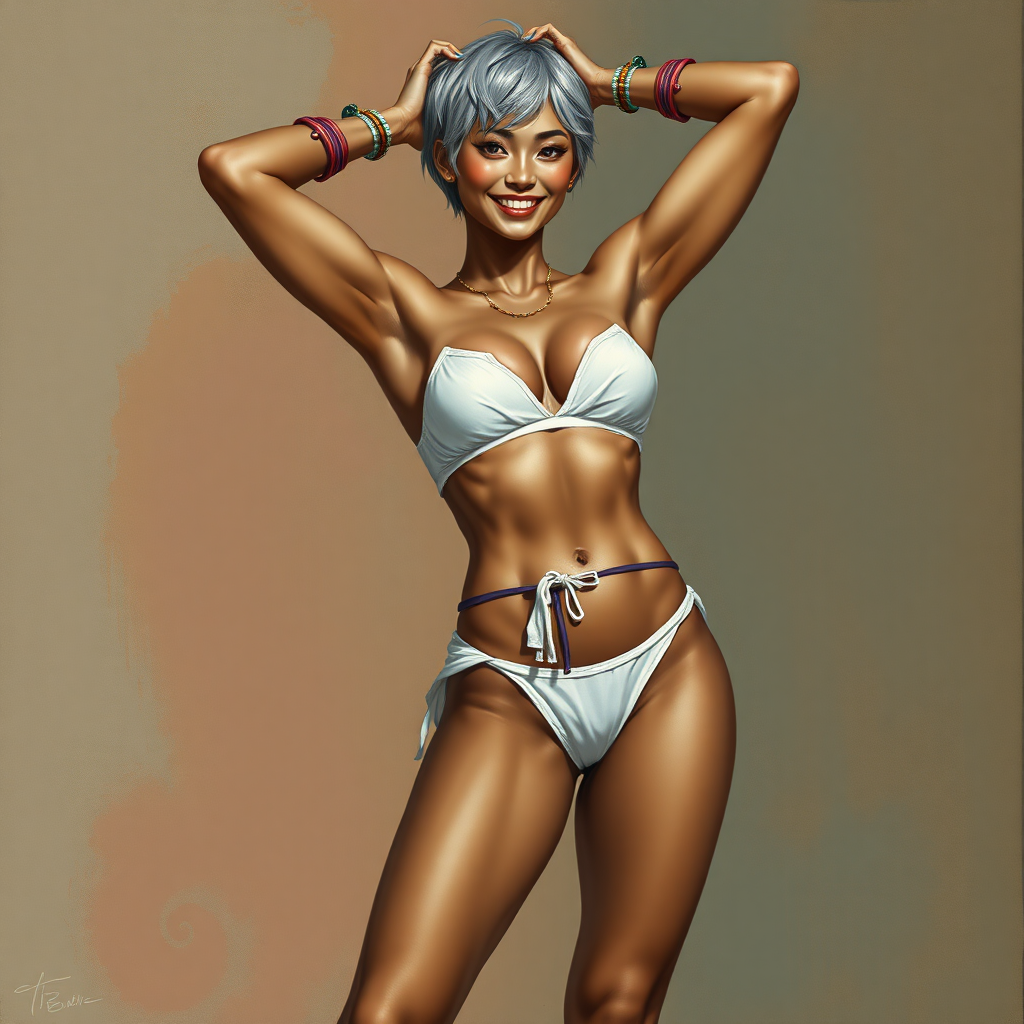 Uncommonly tall for a woman; being 6' (183cm) tall. She has brown skin and short silvery hair. She is barefoot and has long, powerful legs. She has abs and is muscular. Her fingers and toenails are painted sky-blue. Her attire consists of a white primitive scant revealing two-piece bikini-like outfit with pale red, sky-blue, gold and purple bands on her neck, arms, wrists, shins, and ankles. fantasy painting high contrast, symmetrical proportional asian face. well-drawn, highly detailed, and beautiful rendering. both hands behind head, exposing armpits, joyful smile, exaggerated tilted sexy pose. sexy hips.