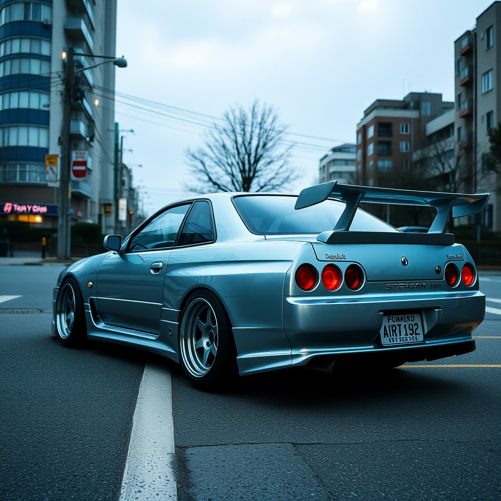 The car is parked on the side of the road, inspired by Taiyō Matsumoto, tumblr, restomod, nd4, c4 metallic shine nissan skyline r34 kalabalik tokyo gece arkaplan