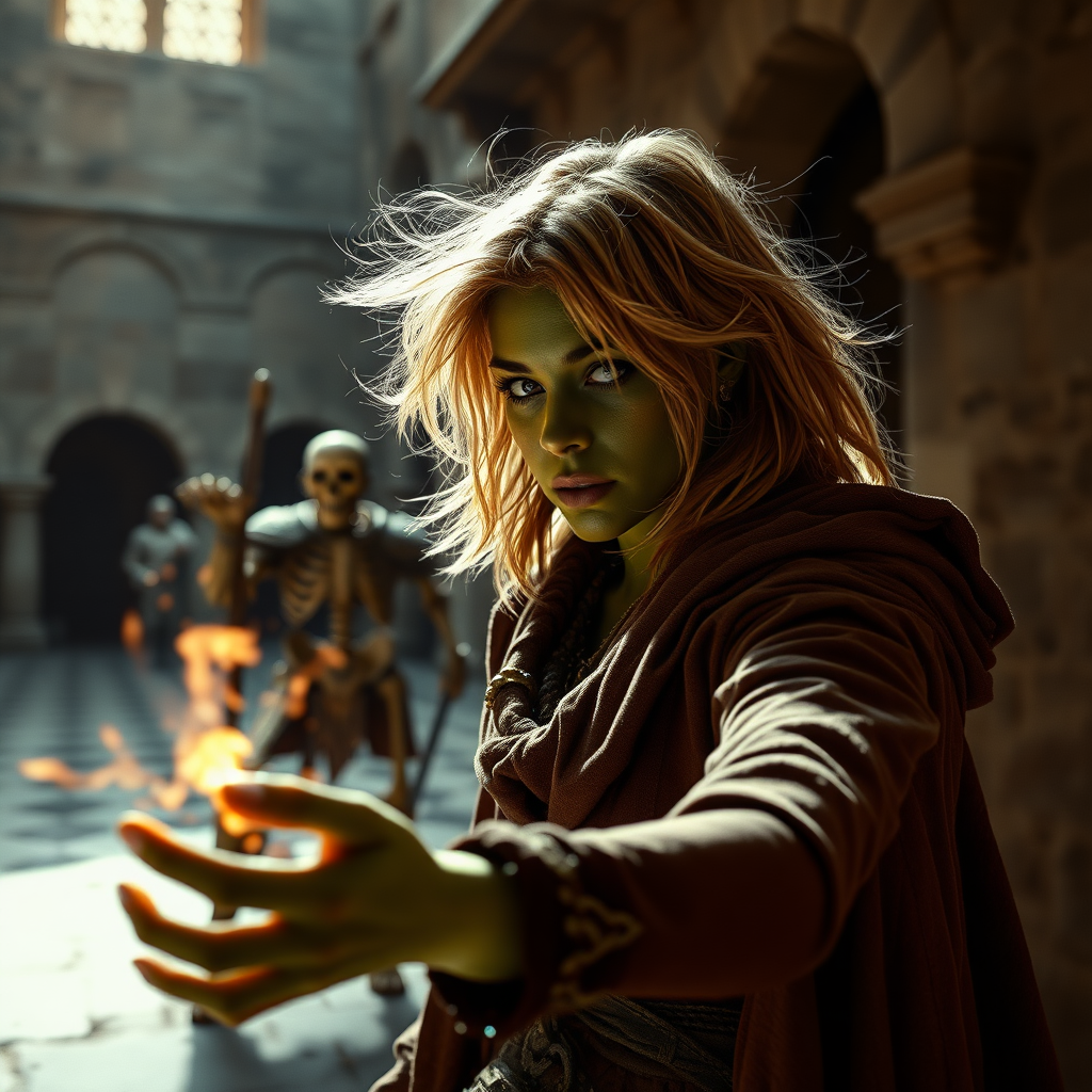 A full body shot of a pretty twenty-something female orc wizard with a face resembling (ana de armas). green skin. casting a spell at a skeleton warrior. strawberry blonde messy shoulder length hair tussled by wind. inside a courtyard. Hyper-realistic, Photorealistic digital matte painting, soft focus, film grain, lens flare. gritty, dirty, scuffed.