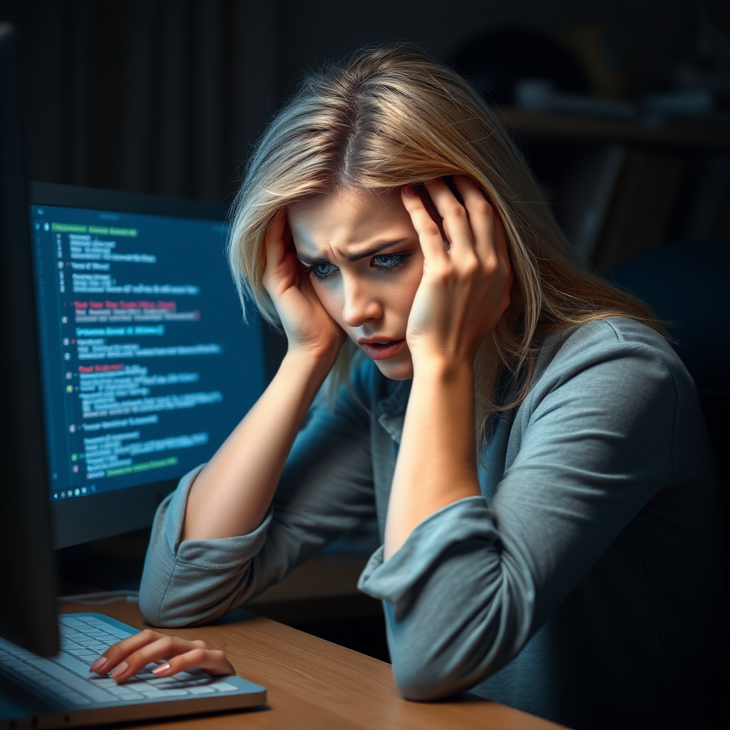 Create a realistic scene of a desperate young nice blonde girl sitting in front of a computer. Her posture should reflect frustration, with her hands either on her face or gripping her head. Her surroundings are a typical home or office workspace, with dim lighting adding to the tense and stressful mood. The computer screen could show error messages, glitches, or something causing her distress. The woman’s expression should be a mix of anxiety, exhaustion, and despair, with subtle attention to facial details like furrowed brows or clenched jaws.