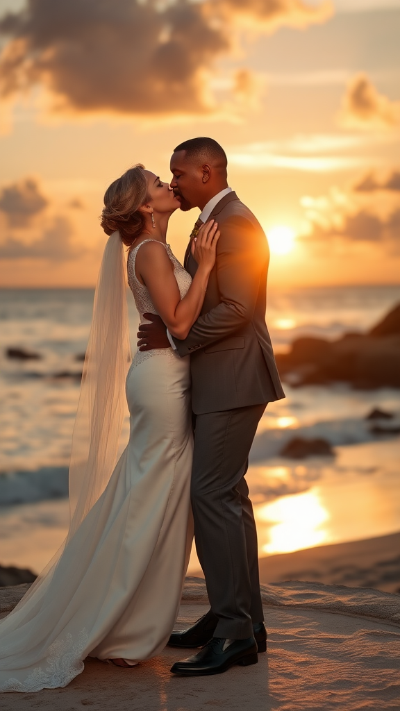 In the background, Meryl Streep and Will Smith elegantly dressed, she heels and he patent leather shoes, he passionately kisses the bride, in the background the sea with a beautiful beach, sunset sky with the sun's rays with clouds. 16K ultra-high definition.