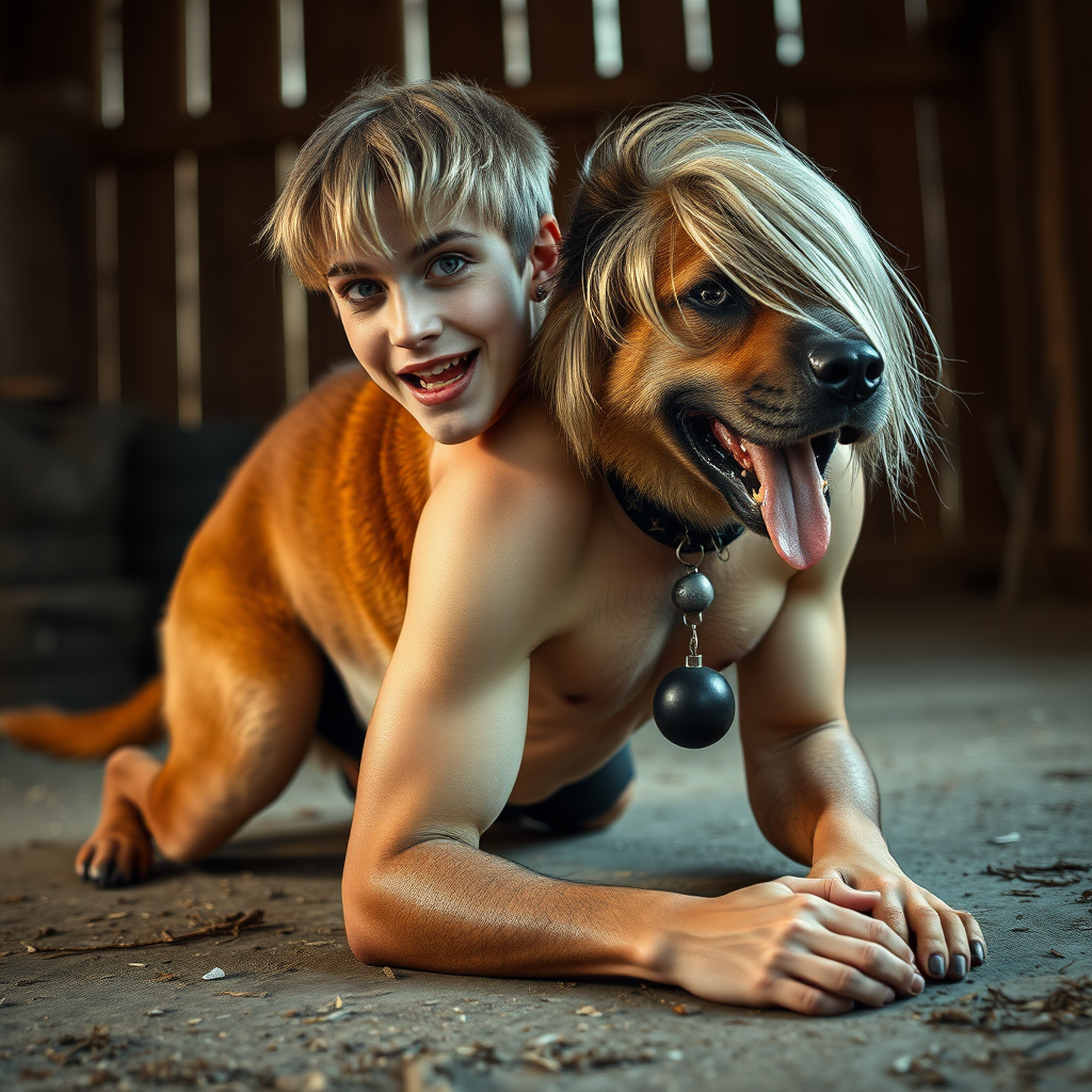 photorealistic, ultra high resolution, 16K, surreal fantasy, soft studio lighting, Caleb Swift is a pretty 16 year old goth male, slim male physique, blonde hair, blue eyes, goth makeup, earrings, glittering black pantyhose, spikey neck collar with chain, crawling on the floor of the barn straddling while a large dog rests its front legs on Caleb's back, during daytime, excited open mouth smile, small black ball-gag, drooling a stream of saliva from his mouth, bulging crotch, full body in wide view from side with Tyler facing the camera.