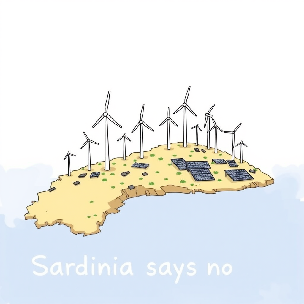 I draw Sardinia, showing it while being overwhelmed by enormous wind turbines and solar panels. The style is a minimalist colored drawing, text "Sardinia says no."