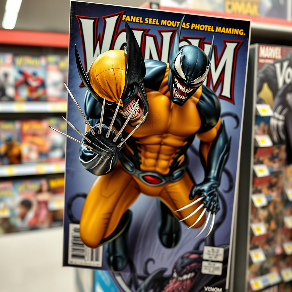 Jumping out of a comic book cover on a store shelf is Wolverine and Venom. Wolverine has his claws placed into Venom in Cinematic Real3D photo-realistic quality.