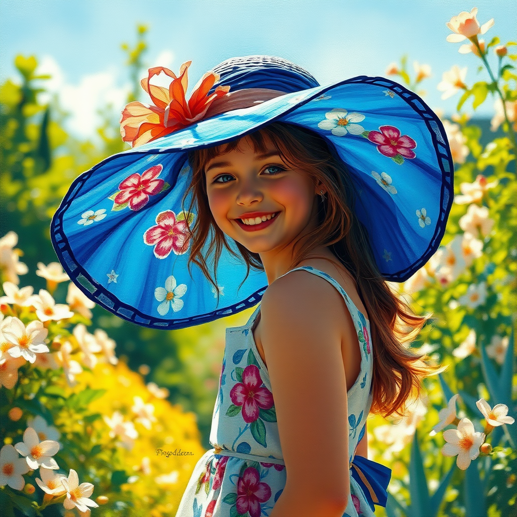 In a sun-drenched garden, a young girl is gracefully donning a large, elegant wide-brimmed hat that flutters gently in the soft breeze, the fabric a rich, deep cobalt blue adorned with vibrant floral patterns. This exquisite moment is captured in the signature style of Pino Daeni, showcasing his academic roots intertwined with the serene beauty of Australian tonalism. The scene, rendered in stunning 8k resolution, evokes a sense of whimsy and tranquility, as if one were walking through a peaceful museum filled with art.

The artwork is created using a gouache technique that emulates the fluid grace of watercolor, presenting a lush impressionist tableau where layered colors dance upon the canvas. Thick brush strokes—bold yet expressive—engage the viewer, inviting them to explore the intricate textures of impasto gouache that rise from the surface in a tactile display. Numerous hues intermingle; warm yellows and greens illuminate the background, while cool blues splash artistically across the canvas, lending a sense of calm.

Sunlight filters through the surrounding blossoms, their delicate petals captured with a masterful touch, as they sway gently with the rhythm of nature. Each brushstroke conveys not just color, but emotion—drawing the viewer into the scene where the girl, with a beaming smile, revels in her enchanting world, her hat casting a playful shadow across her beaming face. The overall atmosphere is a harmonious blend of joy and serenity, allowing the audience to momentarily escape into a vibrant oasis of creativity.