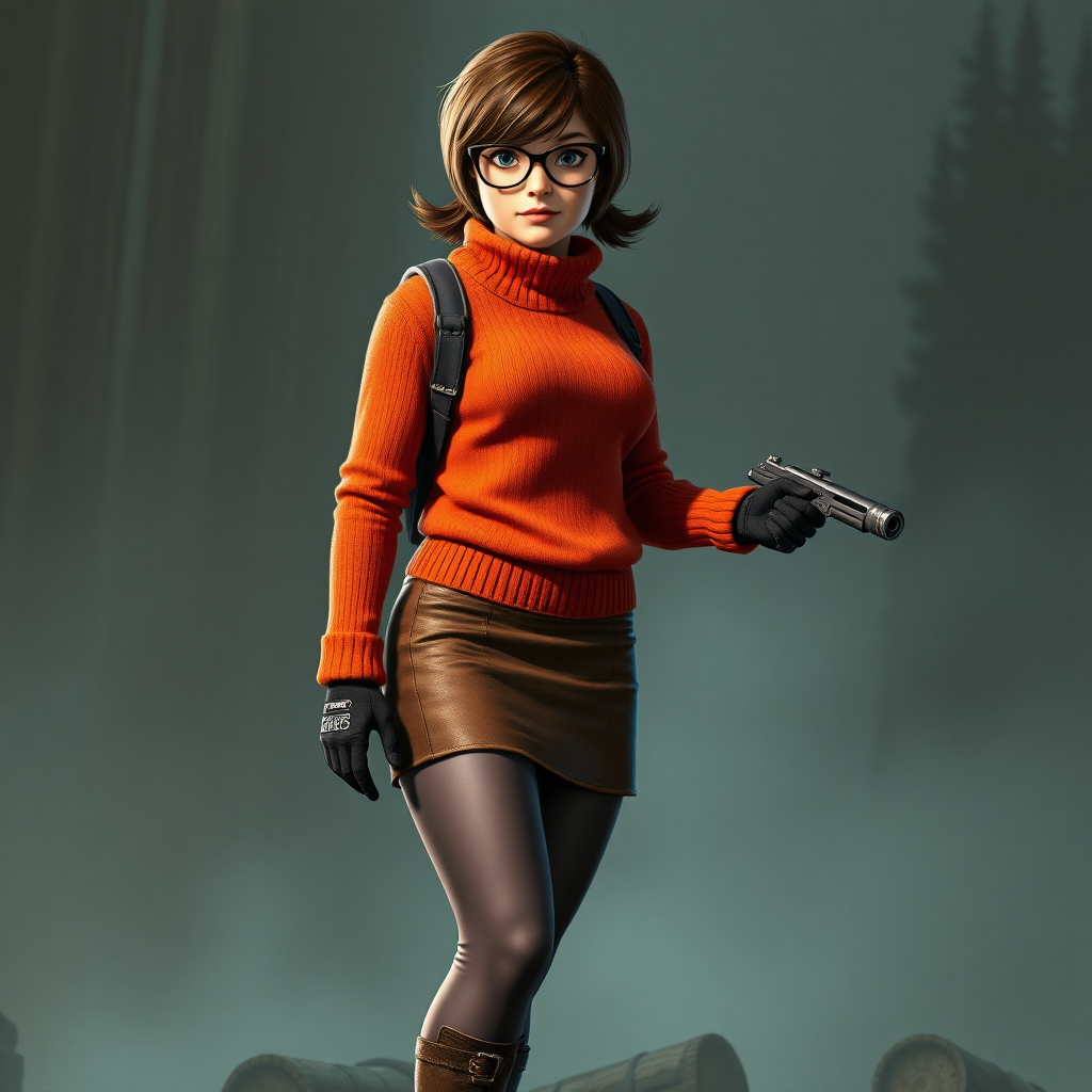 Create a full-length image of Velma Dinkley, using the male figure of Marcus Fenix. Retain Velma's head, hairstyle, and facial features. Adjust the costume to fit Marcus's muscular proportions while keeping the distinctive orange sweater, skirt, and glasses. Design a background that harmonizes elements from both characters, featuring a mystery-solving atmosphere intertwined with a battle-worn aesthetic inspired by Gears of War. Aim for a dynamic pose that reflects both Velma’s intellect and Marcus's strength, blending the essence of both worlds seamlessly.