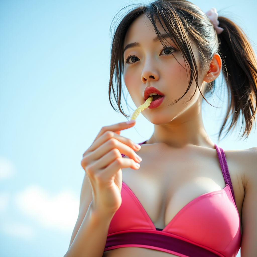 photo low angle wide shot Ayame Goriki wearing sports bra. She is holding something and licking it