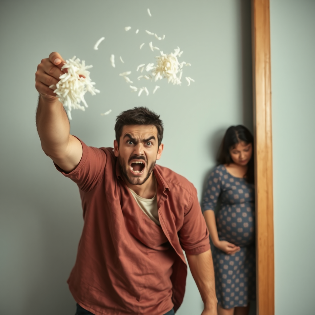 An angry, young, Caucasian man throwing rice at the wall. His pregnant wife is in the background, cowering in fear.