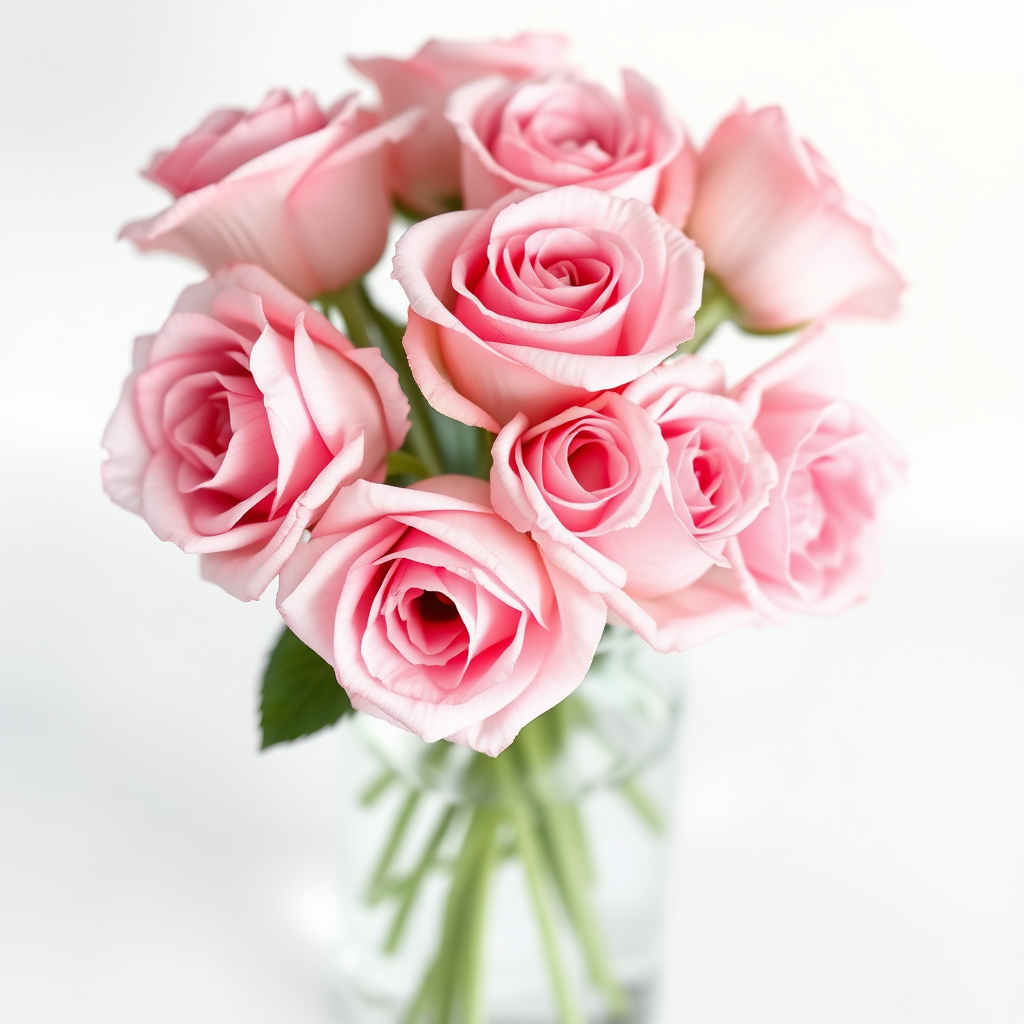 A close-up of a delicate bouquet of soft pink roses arranged in a clear glass vase, captured with a hyperrealistic style. The background is a smooth, muted white, enhancing the vibrant details of the petals. The roses exhibit varying shades of pink, with subtle gradients and velvety textures. The natural green stems are visible beneath the water in the vase, adding a fresh and organic feel. Soft, diffused lighting creates a gentle atmosphere, highlighting the intricate layers of each rose and casting soft shadows. The overall composition conveys elegance, beauty, and tranquility.