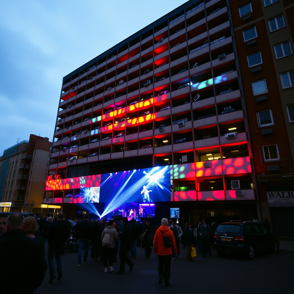 Jean Michel Jarre "Son et Lumière" concert in the city centre of a run-down Scottish town with video projections onto the wall of a multistorey car park - wide angle show incorporating the colour and spectacle of the event and the ordinariness of the location.