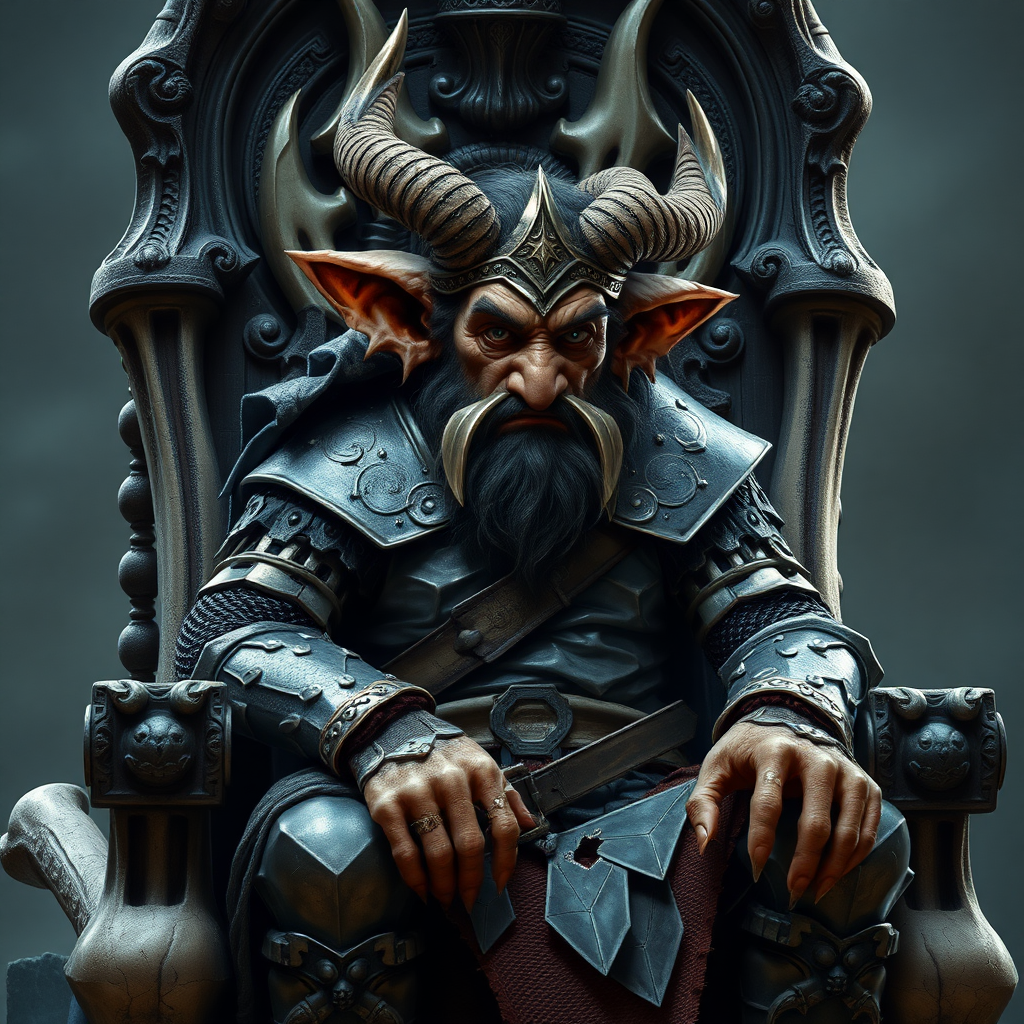 Fantasy style, Hobgoblin (dungeons and dragons 5th edition) around 30 years charismatic, wearing chainmail, sitting a bone throne, photorealistic