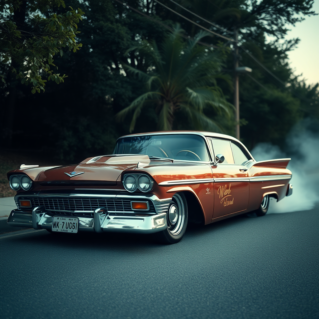 the drag car is parked on the side of the road, inspired by Taiyō Matsumoto, tumblr, restomod, nd4, c4 metallic shine classic american low rider ford