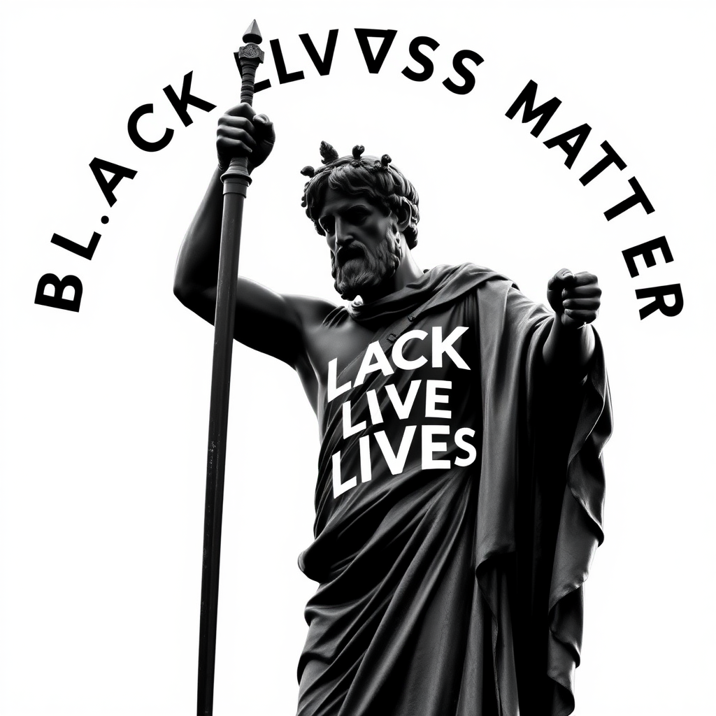 Black Lives Matter (BLM) is a decentralized political and social movement  
Art. Roman black statue with a sword posing and 'Black Lives Matter' around it