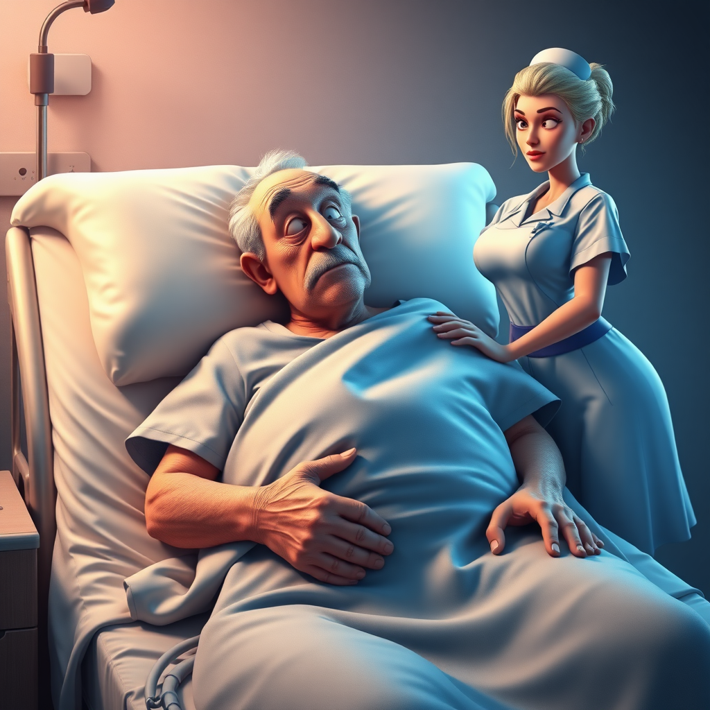 High quality, detailed, Disney 3D style film poster of an old man on a hospital bed with a huge erection under the blanket and a young skinny attractive nurse "impotence"