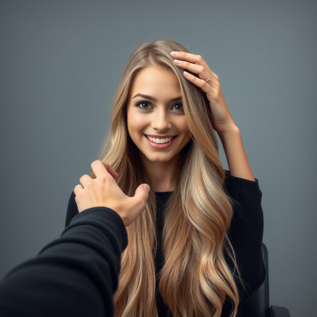 POV, beautiful very long haired blonde woman sitting in a hair salon smiling at the camera while I reach out from behind the camera to massage her scalp. My fingers are digging into her hair rubbing her scalp while her hair is covering my hands.   
Plain gray background.