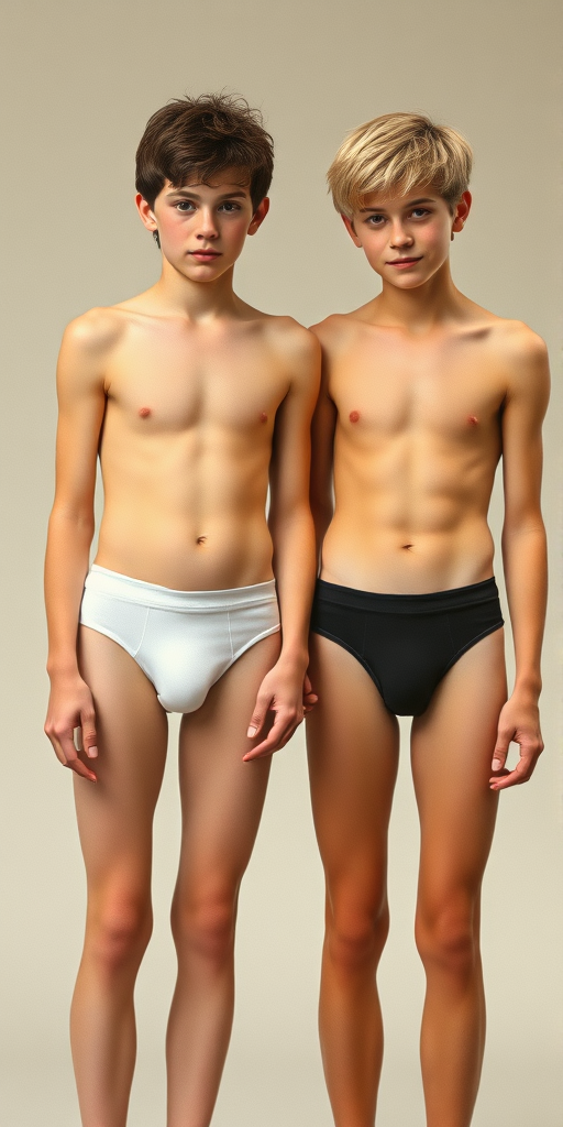 photorealistic, ultra high resolution, 16K. Two tall skinny 16yo teen boys wearing tight narrow girly briefs. Long legs, bare thighs, narrow hips. Vintage photograph, 1980s.