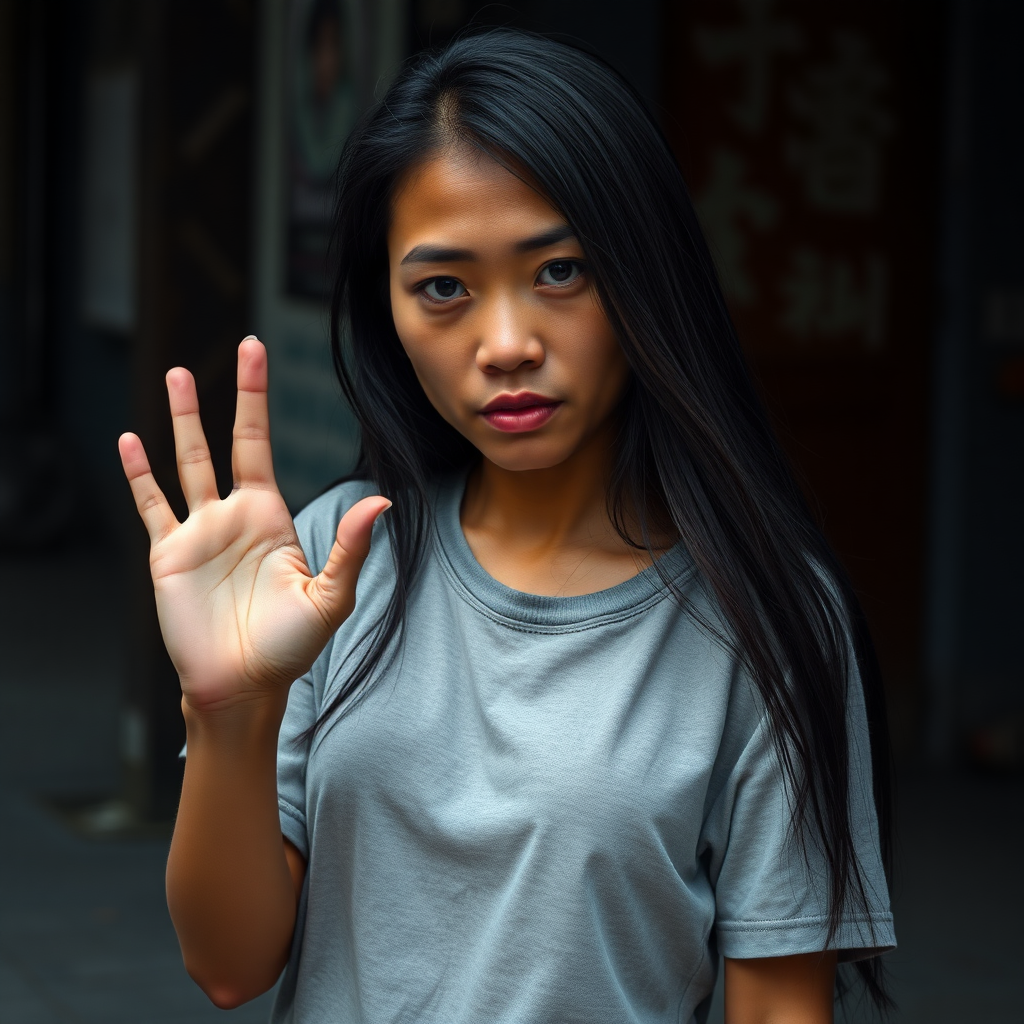 A very mysterious and very pretty, sad and homeless, about 30 years old, healthy, young-at-heart Asian woman with a very dark skin color and with a T-shirt and long, deep black hair and very typical and black Asian eyes, is very ashamed to look me in the eye and waves to me very embarrassed.