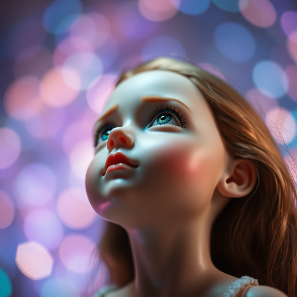 preteen artists doll, bisque porcelain, bjd, looking up dreaming, Bokeh, abstract, brilliant colors, glittering, translucent, mother of pearl, opal, iridescent, natural skin, glowing, artistic photo, wide angle