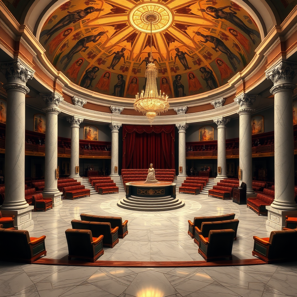 Inside the Slave Auction House, the grand foyer has polished marble floors and white alabaster pillars supporting a vaulted ceiling painted with images of alluring female slaves. Beyond the foyer is the main auction chamber, a large circular room with ascending rows of plush seating made from velvet and mahogany, facing the central platform. This platform is illuminated by a chandelier that casts a golden light over the chamber.
The Dais of Pairing is the focal point of the Auction House, where slaves present themselves to prospective buyers. The Dais is finely crafted with silver-gilded edges. 
On the back side of the auction chamber are a row of smaller platforms, where slaves are waiting their turn to be auctioned on the main platform.