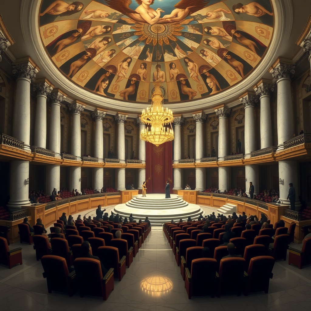 Inside the Slave Auction House, the grand foyer has polished marble floors and white alabaster pillars supporting a vaulted ceiling painted with images of alluring female slaves. Beyond the foyer is the main auction chamber, a large circular room with ascending rows of plush seating made from velvet and mahogany, facing the central platform. This platform is illuminated by a chandelier that casts a golden light over the chamber. The Dais of Pairing is the focal point of the Auction House, where slaves present themselves to prospective buyers. The Dais is finely crafted with silver-gilded edges. On the side of the main platform are a row of smaller platforms, where slaves are waiting their turn to be auctioned on the main platform.