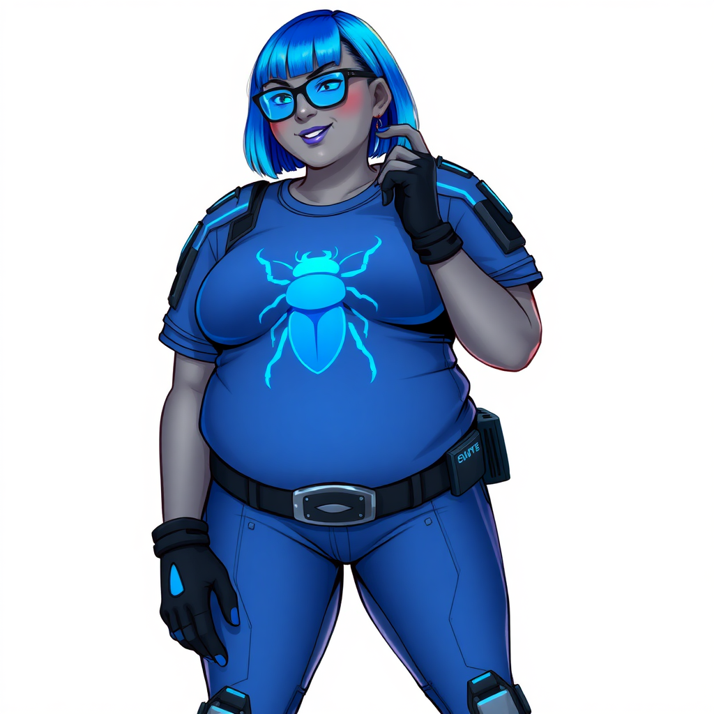 A 28-year-old, full-figured, metallic middle gray skinned computer program hybrid with a vibrant maximum blue bob cut. She has a non-athletic build, highlighted by a prominent, round, large midsection (fully emphasizing her round large belly) while being covered by her large t-shirt, reflecting her new junk food eating habits influenced by her boyfriend. As the full-figured, nerdy, digital sidekick to her cyberpunk vigilante boyfriend, her middle gray metallic skin and maximum blue lipstick underscore her digital essence. She dons a digital, computerized outfit: a large, tight-fitting, high-tech, maximum blue t-shirt with neon blue glowing beetle themed accents complete by a giant neon blue glowing beetle icon on the chest, hi-tech shoulder pads with neon blue accents, a black hi-tech belt with a digital sapphire beetle buckle, digital maximum blue pants with neon blue accents, and black hi-tech gloves with neon blue glowing accents. Her neon blue glowing eyes, black eyeglasses with neon blue lenses equipped with a built-in HUD, and shy smile with neon red blush highlight her nerdiness. She stands bashfully with one hand behind her back and the other gently touching her cheek, her outfit covering all her bare skin and fully emphasizing her full-figured physique (especially her large belly). She is clearly non-athletic, with a heavy focus on her full-figured physique (with full emphasis on her round large belly). Despite her build, she radiates beauty. Her slim face contrasts with her physique, accentuating her radiant beauty. She is set against a solid white background. She is drawn as if she were in a retro 2D cyberpunk fighting game.