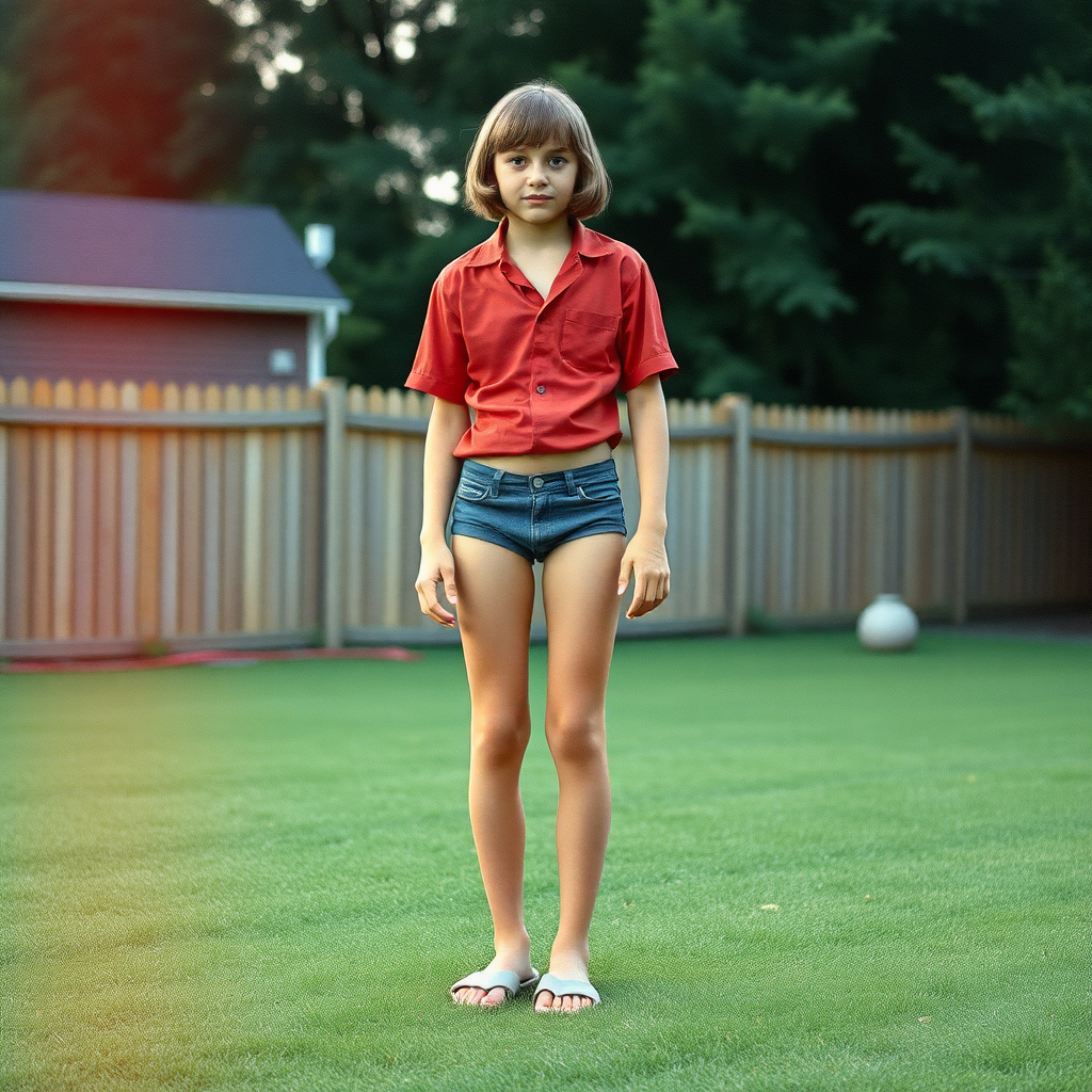 tall 14yo teen boy, long hair bob cut, wearing shirt and very tight booty shorts, long legs, narrow thighs, full-length front view. 1970s. Playing at backyard. photorealistic, ultra high resolution, 16K, Negative: grainy, blurry, bad anatomy, extra limbs, watermark.