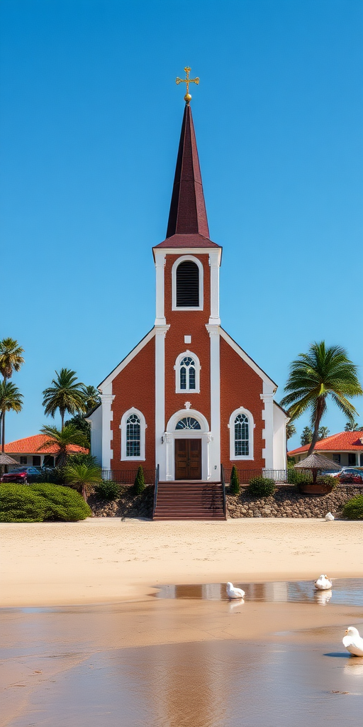 a church beside a beach