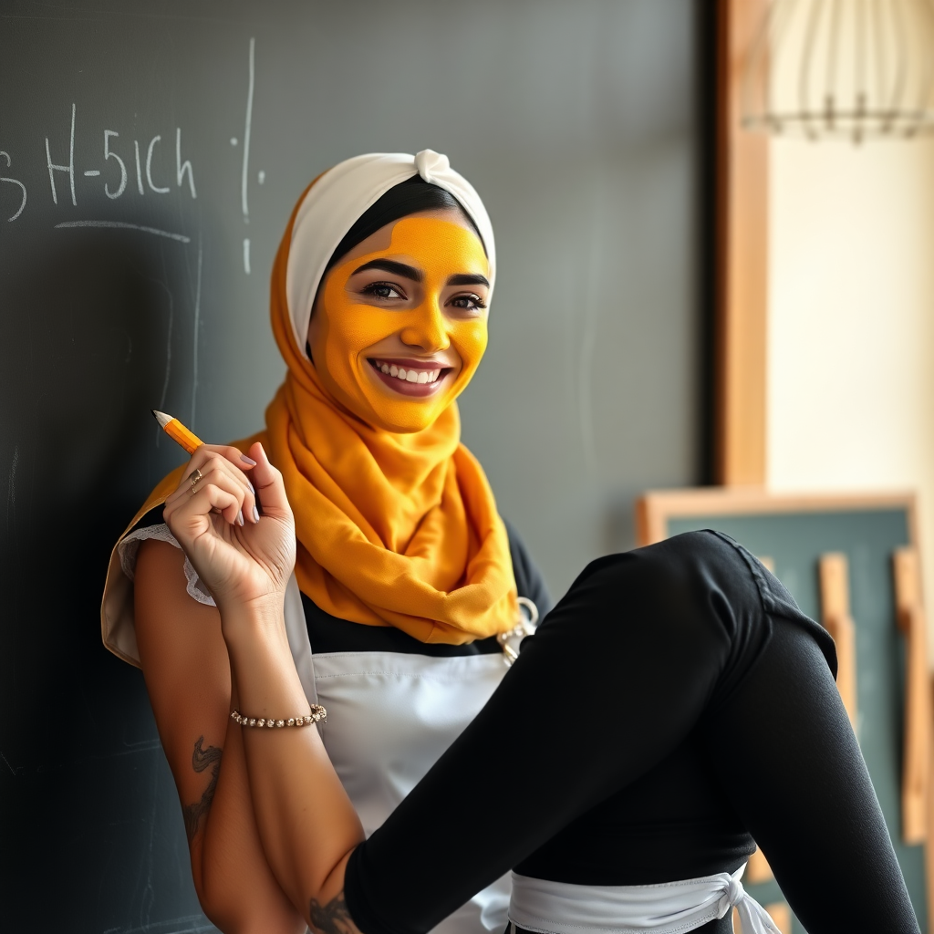 slim, 30 year old, sexy, french maid, short scarf head, turmeric face pack. She is smiling and teaching on a blackboard