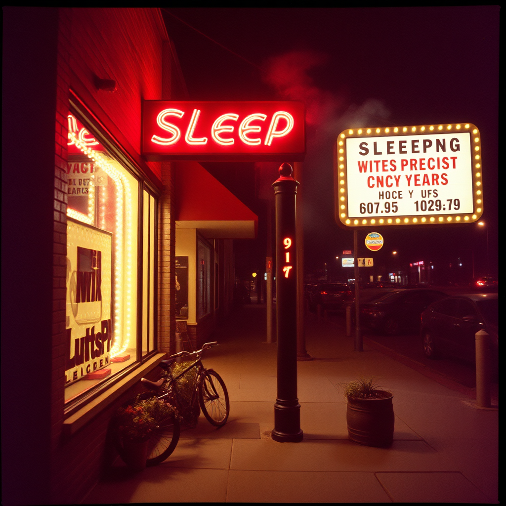 highly detailed Kodachrome color real photograph from 1974 of Sleeping cheaply on the midnight show  
It's the same old ending, time to go  
Get out  
It seems they cannot leave their dream  
There's something moving in the sidewalk steam  