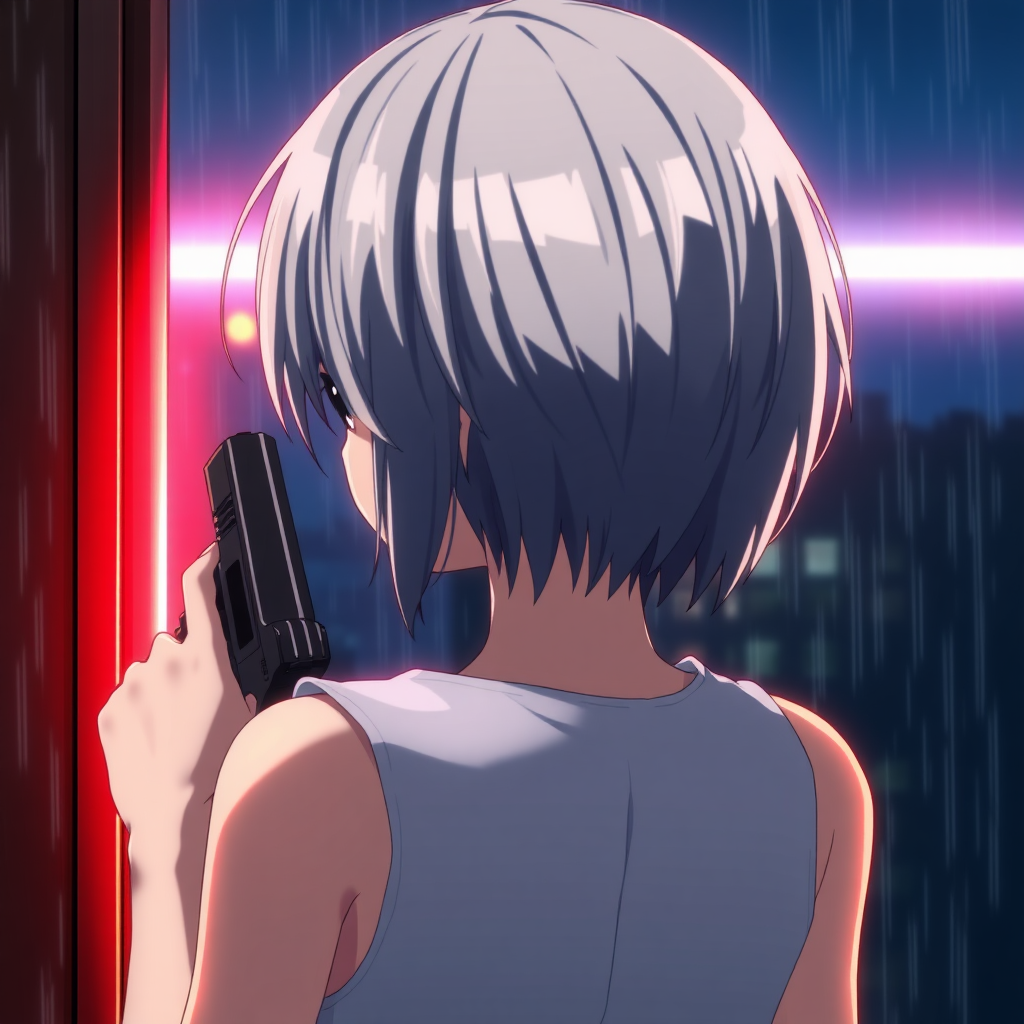 a picture of a girl from back, red eye, medium short gray hair, wearing sleeveless white top, holding pistol, looking out window, night, raining, neon light, dramatic scene, anime style