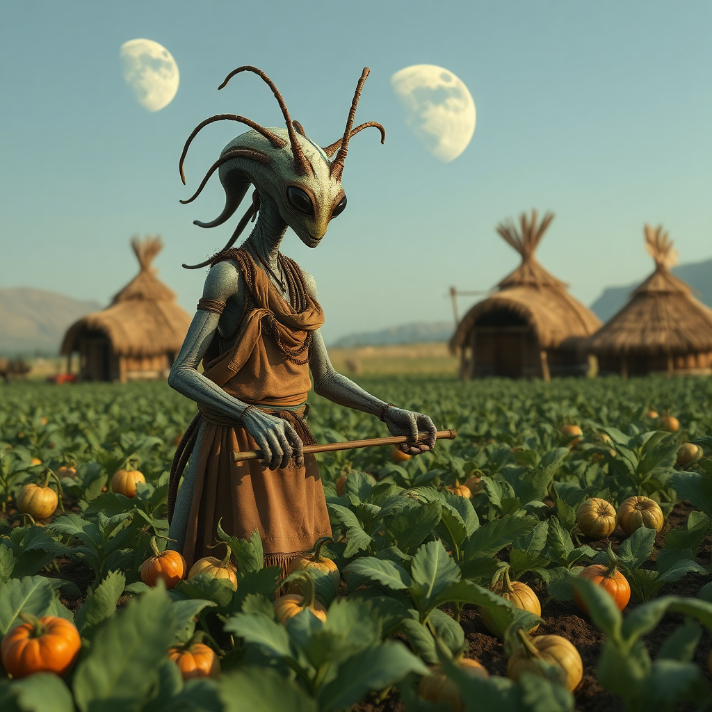 A humanoid arthropod alien in tribal clothing tilling a field of alien produce, alien huts in the background, ((two moons)) visible in the sky.