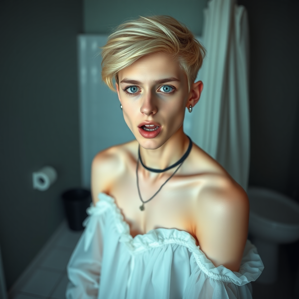 photorealistic, ultra high resolution, 16K, surreal fantasy, soft studio lighting, Caleb Swift is a pretty 16 year old goth male, slim male physique, blonde hair, blue eyes with enlarged pupils, goth makeup, earrings, princess gown, sheer pantyhose, standing on the floor of the bathroom, excited mouth, full body front view of Caleb facing the camera.