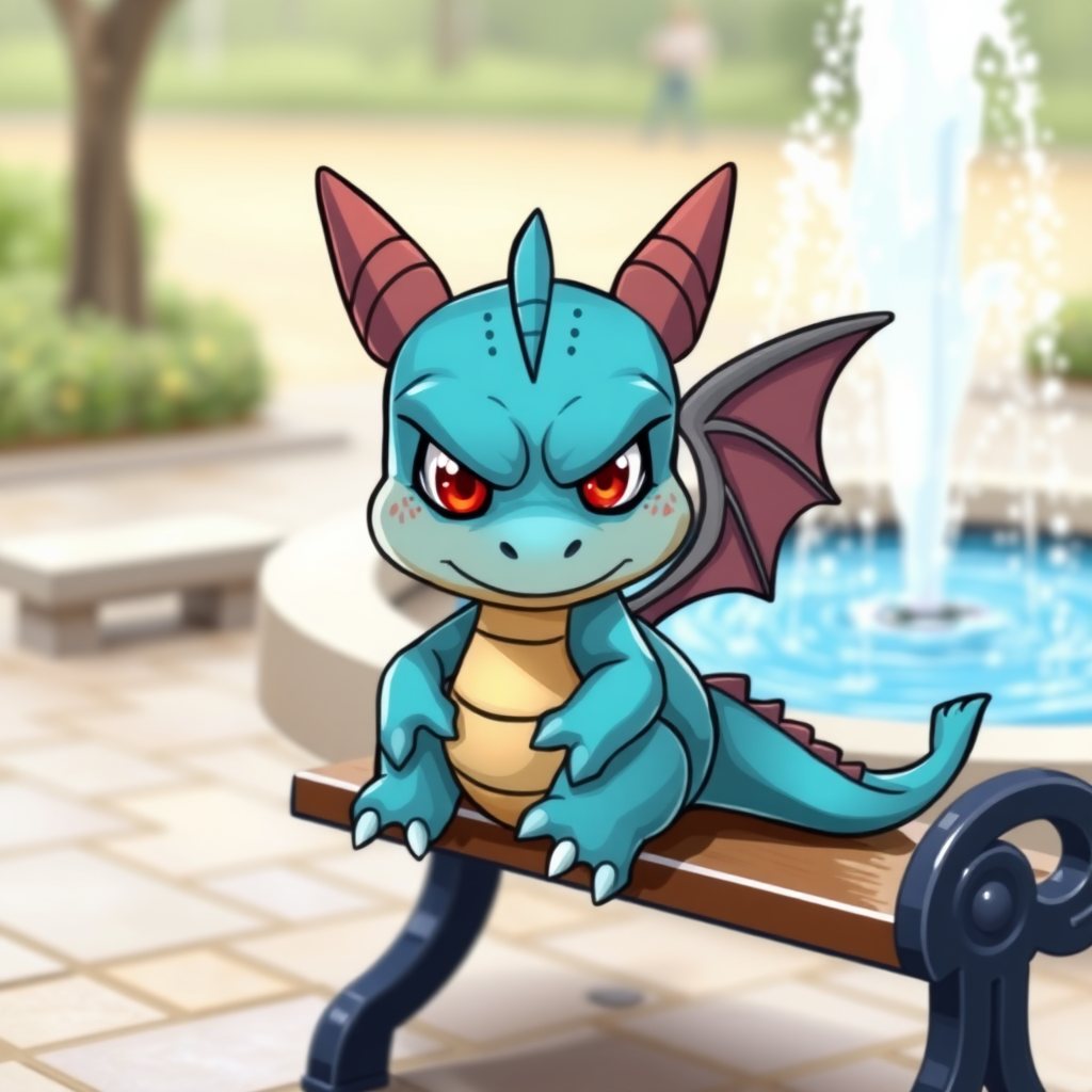 A cartoon angry blue small dragon with two legs, two arms, black eyes with red pupils and wings sitting on a bench watching a water fountain.