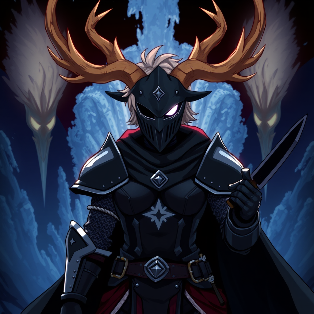 (Anime-pixel art) background of a massive dark blue-black-dark magic fountain erupting into the air, a fierce and violent knight stands poised for battle. She wears sleek, black knight armor, marked by a small white eye shaped symbol at its center, exuding an air of intimidation. Her face is obscured by a terrifying goat-like mask, with a single glowing white eye on the right, and another white eye symbol perched at the top of the mask, adding to her menacing presence.

The knight's imposing silhouette is accentuated by two large, dark-silver shoulder guards that gleam ominously in the darkness. Draped behind her is a flowing dark-blue cape that billows dramatically, hinting at her formidable power. Atop her head, two impressive deer antlers rise on each side of her head, further enhancing her fearsome appearance, while her short, tousled blonde hair peeks out from beneath the mask. She is holding in her right hand a black knife with black-dark magic.

This is the Roaring Knight, known as Mayor Holiday from Deltarune, captured in a striking full-body view that highlights both her ferocity and enigmatic allure.