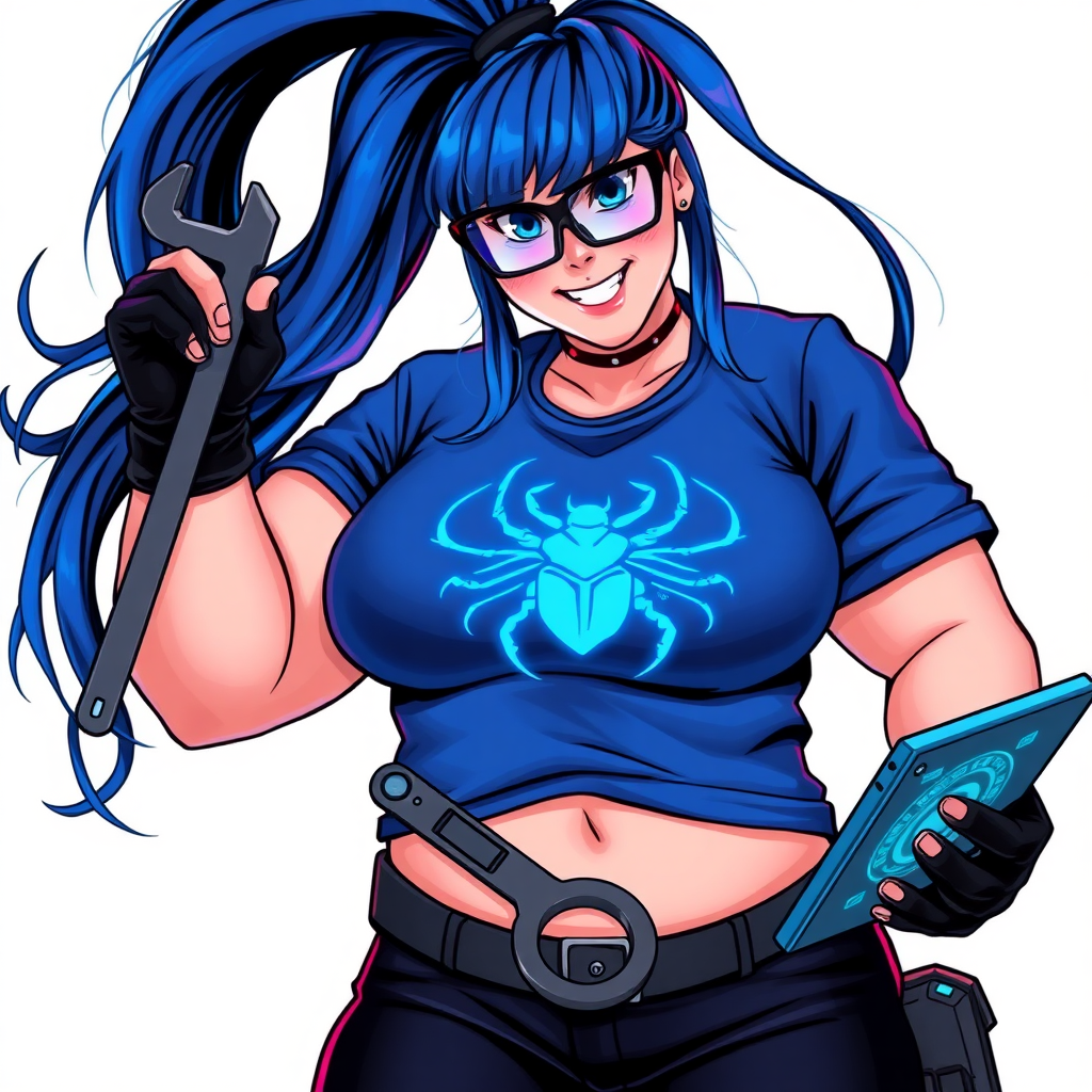 A 28-year-old, full-figured computer hacker and tech wiz, she is the girlfriend of a cyberpunk vigilante. Her long maximum blue ponytail, and striking, bright blue eyes make her stand out. Her wrecking ball-sized midsection, sequoia-sized limbs, and broad shoulders define her full figure, which has been heavily pampered by her doting boyfriend. Her nerdiness is blatantly obvious, and she serves as her boyfriend’s tech expert.

As the loyal and supportive sidekick, she plays a crucial role in their missions, using her digital and technological prowess to assist and protect. She wears an oversized maximum blue t-shirt adorned with a glowing neon blue beetle chest icon, black oversized eyeglasses, and black high-tech gloves. She beams with a neon red blush, holding a futuristic wrench and a digital holographic tablet. She is on a solid white background. She is drawn as if she was in a retro 2D cyberpunk fighting game.