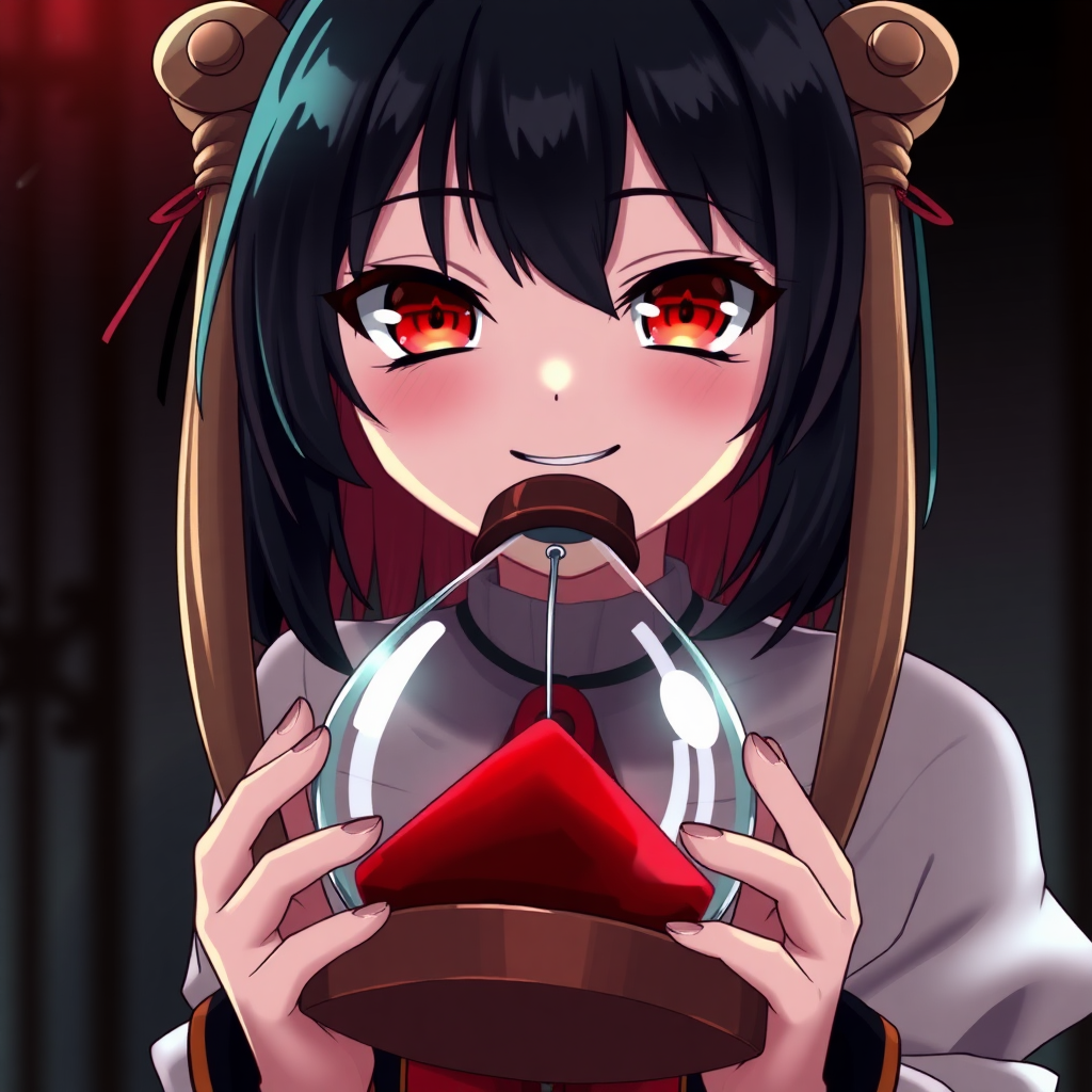 An anime girl with black hair and red eyes is wearing an hourglass. She has a smile like a villain.