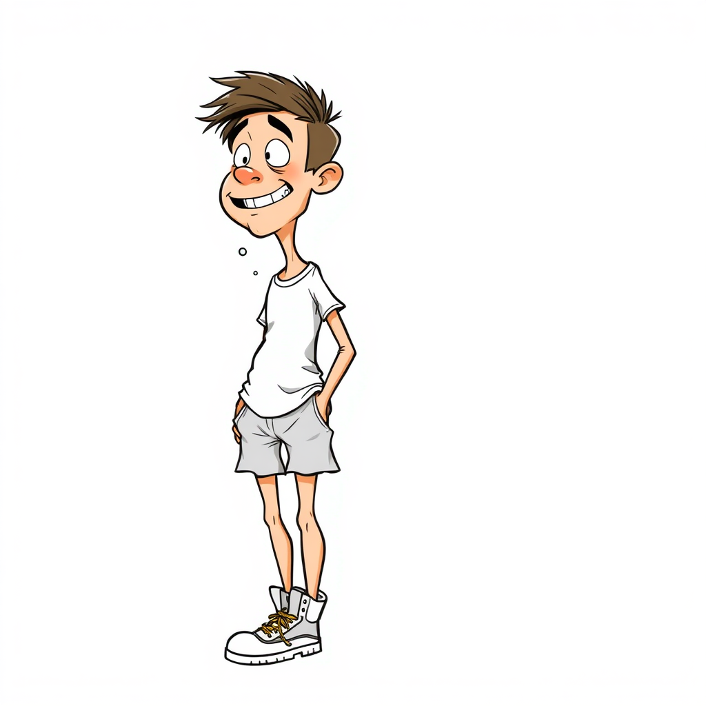 nervous small 15 year old european skinny man, short white t-shirt, standing, stunned, mesmerized, joyful, heavy drooling, underwears, heavy round stuff in his pocket, side view, safety shoes, detailed feet, 2D, caricature, cartoon, Sketch lines, coloring book, coloring book,