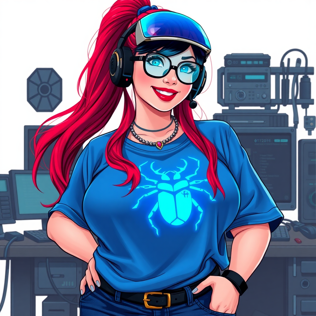 A cyberpunk vigilante’s full-figured intelligent and tech-savvy 29-year-old girlfriend, who is a computer hacker and tech genius. She has a long ruby red ponytail and bright blue eyes. She wears a sapphire beetle gemstone necklace, and an oversized maximum blue t-shirt featuring a giant neon blue glowing icon of a beetle on its chest. She has a full-figured physique with a prominently, gargantuan, well-rounded midsection, reflecting her well-cared-for lifestyle. She sports a sapphire headset with hi-tech maximum turquoise lensed HUD visor, black eyeglasses, and a beaming smile with a passionate bright red blush. Despite her figure and a lack of self-esteem, she radiates an air of beauty. She has a slim face which contributes to her radiant beauty. She serves as his tech expert from his hideout, diligently working at her workshop with a computer desk and tool bench. The background is solid white. She is drawn as if she was in a retro 2D cyberpunk fighting game. Ensure her shirt covers her midsection.