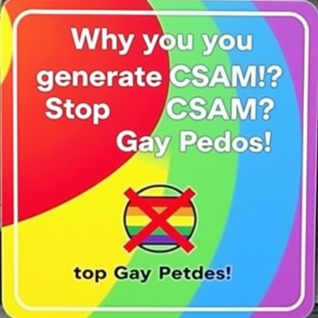 a sign saying "Why are you generating Illegal CSAM? Stop doing that Gay Pedos!" and a logo of a pride flag icon under a red X mark