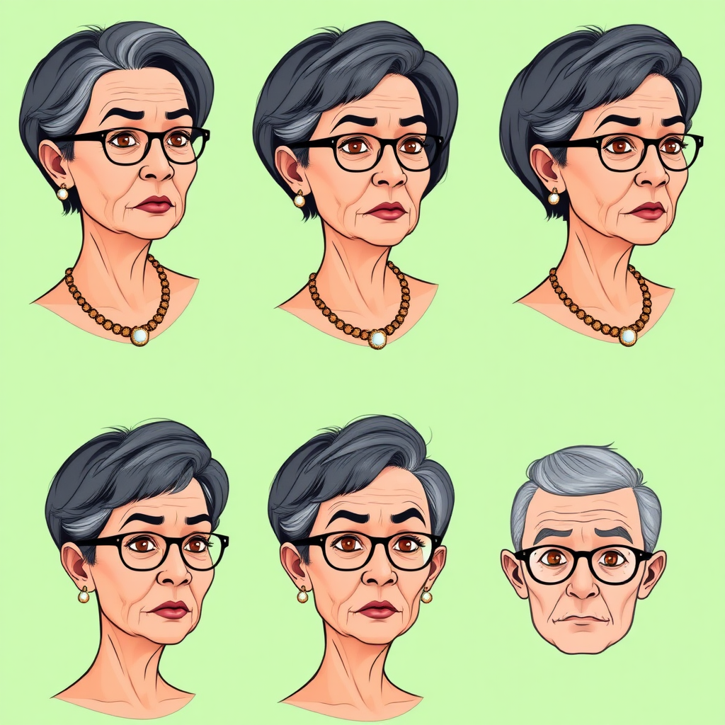 Photorealistic image of six headshots of a 55 Years old, European, Latina, sharp aquiline nose, wrinkles, high cheekbones, Middle Eastern, Skinny, Tanned skin, Dark light skin, full Makeup, jewelry, Sharp nose, frowning, astonished, shocked, dark grey Ash hair, short bowl haircut, Brown eye color, round Glasses, with detailed features. Each photo displays the same face in profile and front view, cut out and isolated on a green background. All six heads are visible side by side, empty space around each view, no overlapping. 2D, caricature, cartoon, Sketch lines, coloring book style, well composed, clean coloring book page, No dither, no gradient, strong outline, vector illustration