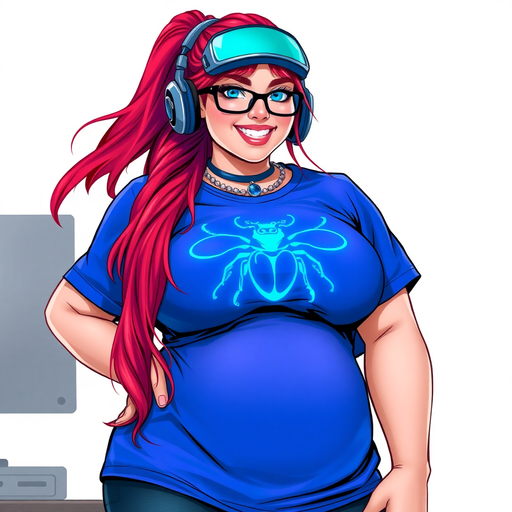 A cyberpunk vigilante’s full-figured intelligent and tech-savvy 29-year-old girlfriend, who is a computer hacker and tech genius. She has a long ruby red ponytail and bright blue eyes. She wears a sapphire beetle gemstone necklace, and an oversized maximum blue t-shirt featuring a giant neon blue glowing icon of a beetle on its chest. She has a full-figured physique with a prominently, gargantuan, well-rounded midsection, reflecting her well-cared-for lifestyle. She sports a sapphire headset with hi-tech maximum turquoise lensed HUD visor, black eyeglasses, and a beaming smile with a passionate bright red blush. Despite her figure and a lack of self-esteem, she radiates an air of beauty. She has a slim face which contributes to her radiant beauty. She serves as his tech expert from his hideout, diligently working at her lab table and computer desk. The background is solid white. She is drawn as if she was in a retro 2D cyberpunk fighting game. Ensure her shirt covers her midsection.