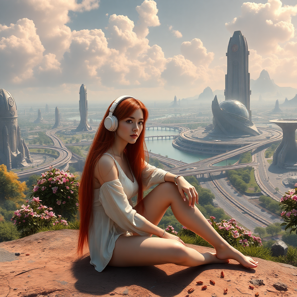 Pretty woman with long red hair, sitting on the ground with headphones on an alien planet with a futuristic city featuring nice greenery, flowers, and waterscapes, along with nice clouds, highways, and streets, ultra-realistic view and ultra high cinematic detail.