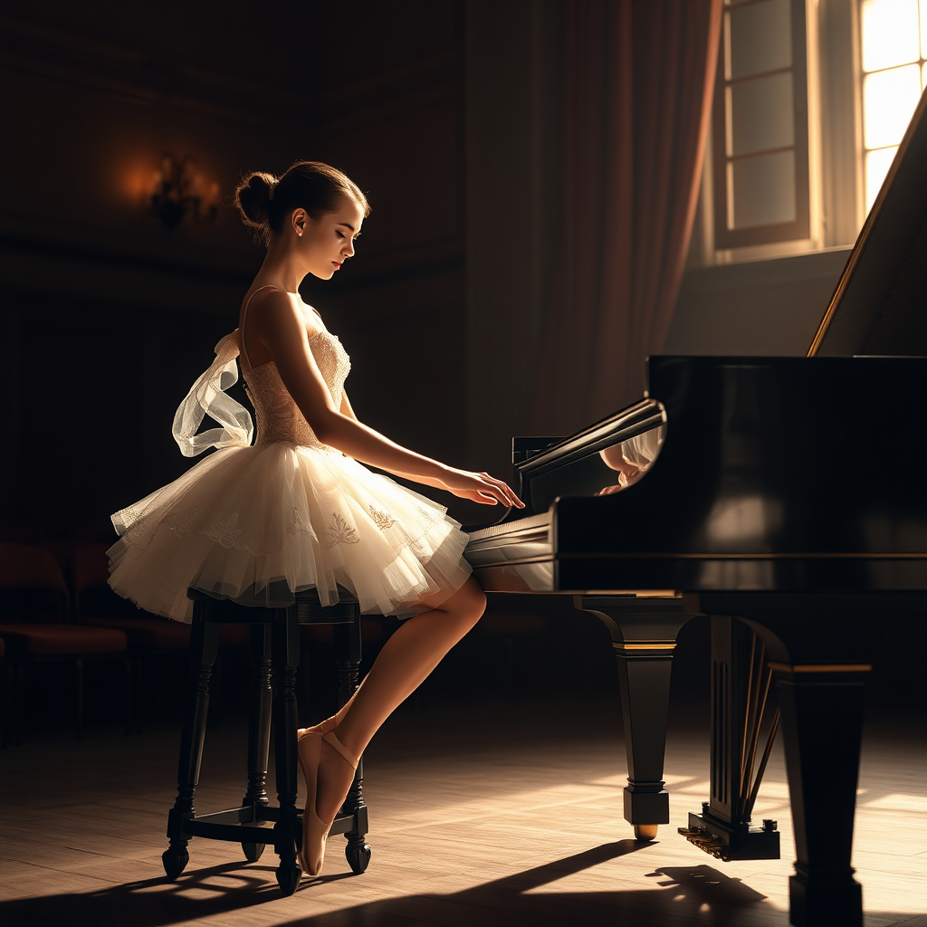 In the dim-lit auditorium of a historic ballet company theater, the air is thick with a sense of nostalgia, the kind that whispers stories of artistry and talent. A ballerina, poised elegantly on a weathered wooden stool, plays a grand piano with a mastery that transforms each note into a haunting melody. Clad in a delicate, ivory vintage tutu adorned with intricate lace and shimmering sequins that catch the soft light, her hands glide over the polished ebony keys, creating a symphony that echoes through the room.

The stage is bathed in a magical, ethereal glow, casting warm, golden highlights that accentuate the ornate details of her costume and the glossy sheen of the piano’s surface. Shadows dance gracefully along the walls, mingling with the muted colors of the velvet curtains that frame the stage. The scent of aged wood mingles with a faint hint of blooming jasmine wafting in from an open window, enhancing the dreamlike quality of the moment.

As she plays, a hushed silence envelops the audience, each note evoking memories and emotions that hang in the air like an invisible tapestry. The ballerina’s expression is serene yet deeply introspective, revealing a connection to the music that transcends the physical realm. Her fingers move with a fluid grace, reminiscent of the graceful pirouettes she performs when dancing, as if her entire being is infused with the rhythm of the piece.

In this intimate setting, the atmosphere pulses with a bittersweet beauty, where the past and present intertwine, inviting all who are present to lose themselves in the enchanting world of dance and melody that unfolds before them.